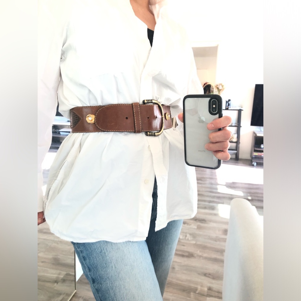 Vintage Brown Leather Wide Belt Gold Rhinestone by Robinia Size 80/Small - Picture 2 of 6